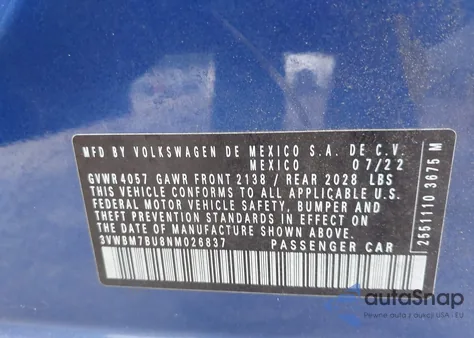 2022 Volkswagen Jetta 1.5T Sport из США, поврежденный, VIN 3VWBM7BU8NM026837